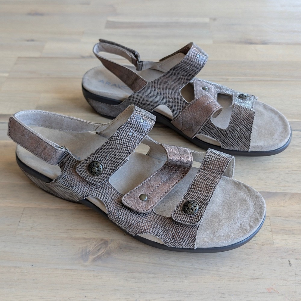 Aravon Katy Bronze Snakeskin Leather Comfort Sandals Womens 10